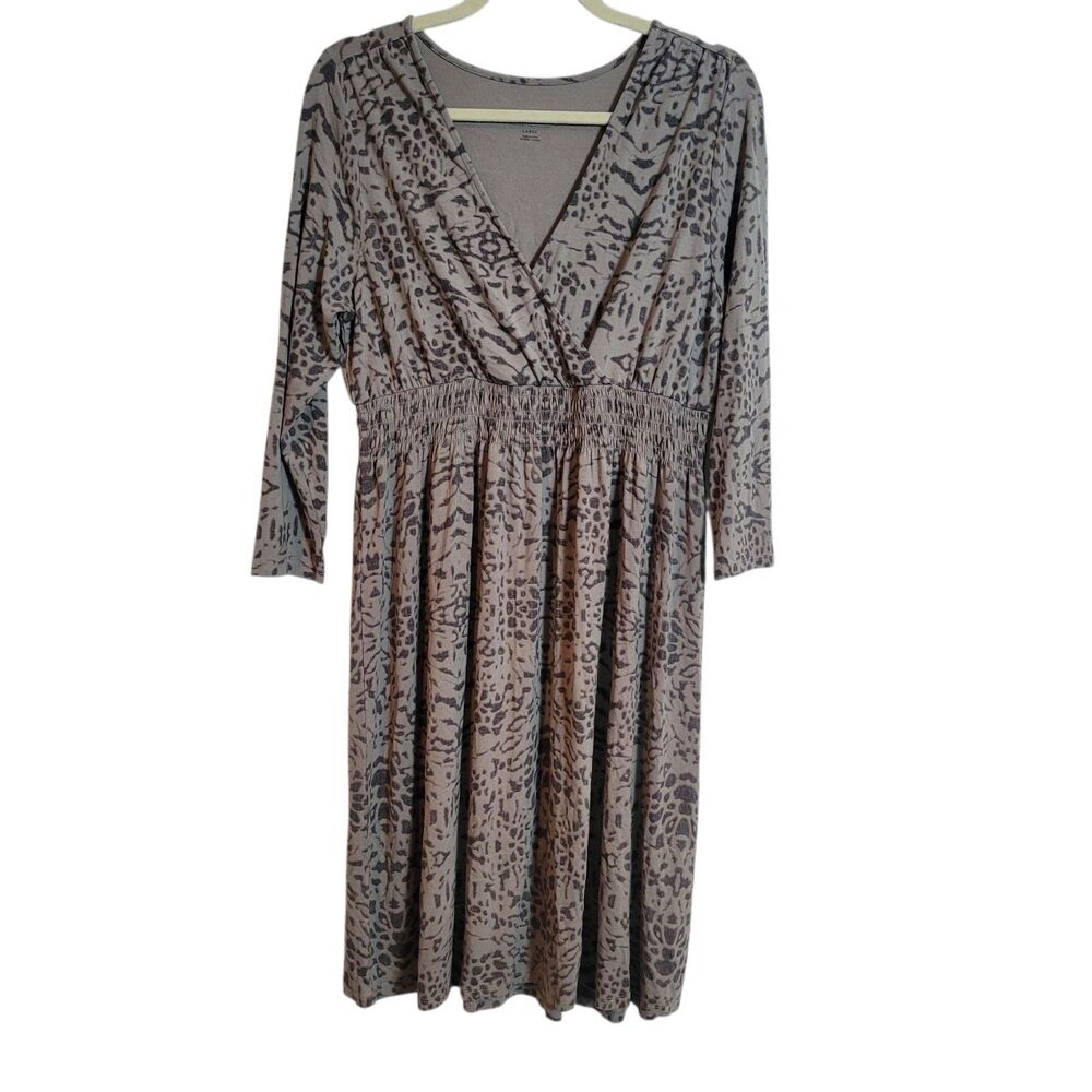 Stetson Animal Print Smock Waist Dress Gray Lightweight Boho Women's Large L NEW